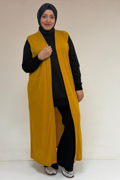 Eslina 54015 Plus Size Slit Pockets Long Mir Vest - Mustard