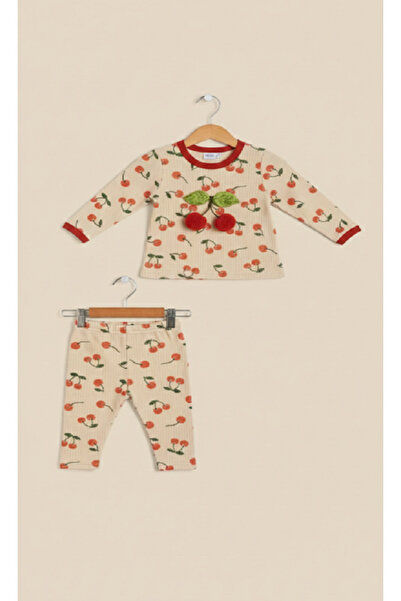 GİRL EMELY Baby Girl Mobile Cherry and Fabric Printed Combed Cotton Bottom Top Set