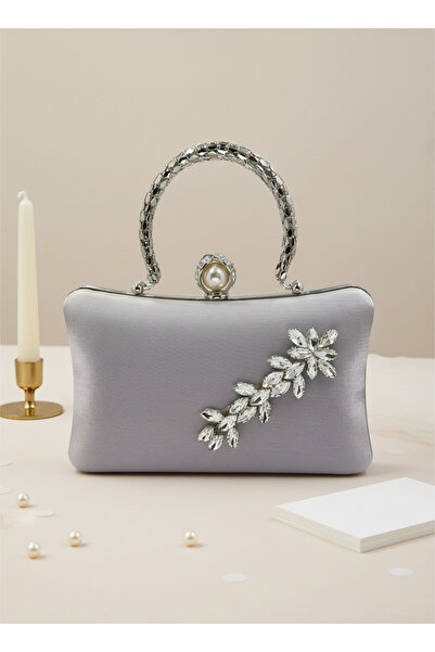 Biçanta Silver Grey Pearl and Crystal Embroidered Glitter Satin Evening Dress Bag Wedding Engagement Graduation