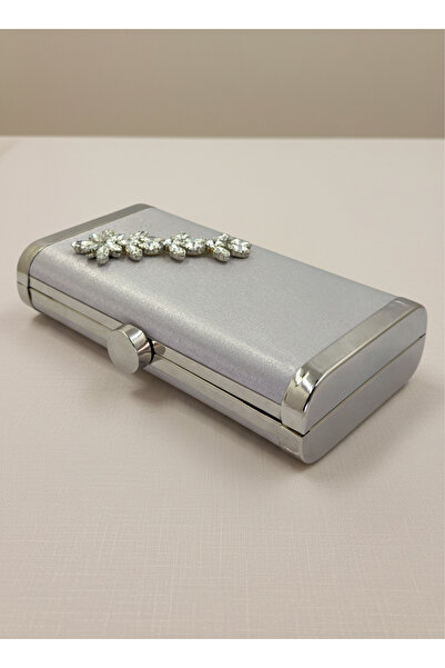 Biçanta Silver Gray Complete Metal Frame and Crystal Embroidered Glitter Satin Evening Dress Bag Wedding Engagement Graduation