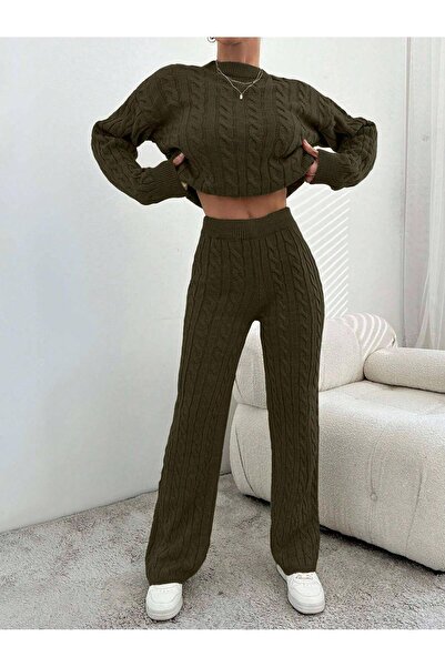 Miss Poem Women's Winter Long Basic Top and Bottom Khaki Knitwear Set