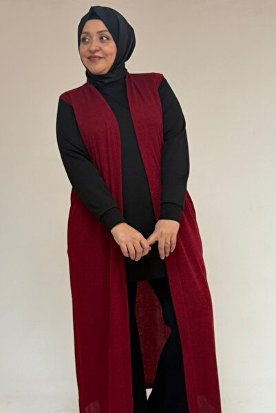 Eslina 54015 Large Size Slit Pocket Long Mir Vest - Claret Red