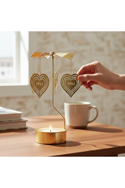 keyfim shop Dönen Işıklı Kalpli Metal Tealight Mumluk – LOVE Tasarımlı Dekora...