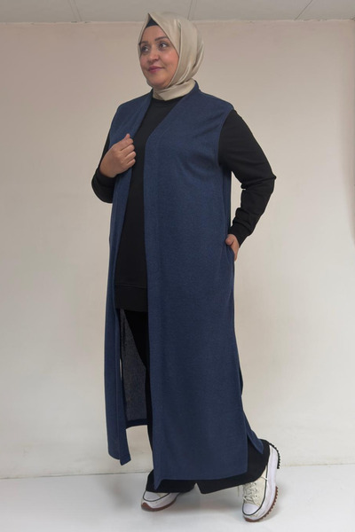 Eslina 54015 Plus Size Slit Pocket Long Mir Vest - Indigo