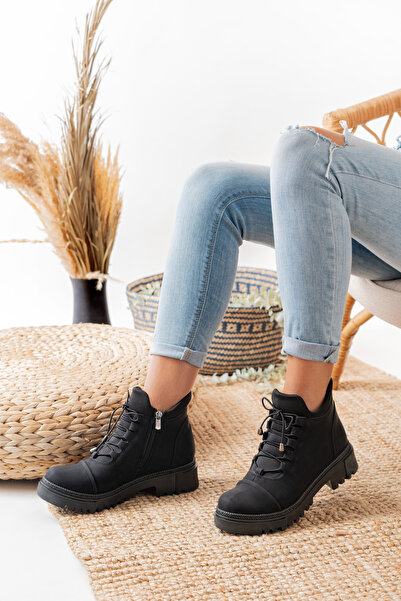 bashrol Kadın Fermuarlı Bağcıklı Postal Bot Kalın Taban Düz Bot