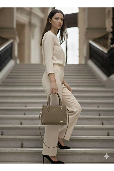 Sanmorris SARGIN Дамска чанта с дълги дръжки от визонска кожа с 4 отделения, златни аксесоари, семпла и елегантна, за носене през рамо и в ръка