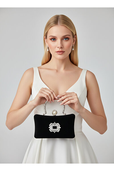 Biçanta Black Pearl and Crystal Embroidered Glitter Satin Evening Dress Bag W...