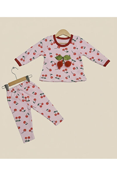GİRL EMELY Baby Girl Mobile Cherry and Fabric Printed Combed Cotton Bottom Top Set