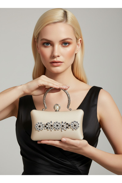 Wedding Fashion Ten Nude Pearl and Crystal Embroidered Glitter Satin Evening Dress Bag Wedding Engagement Graduation