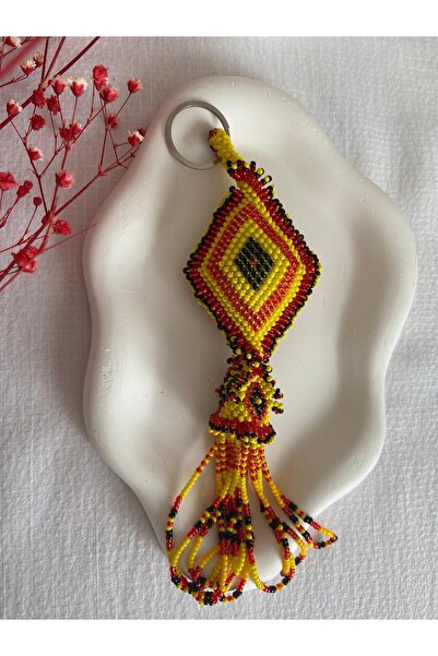 Handmade KUM BONCUK EL İŞİ SARI KIRMIZI DEVE GÖZÜ ANAHTARLIK