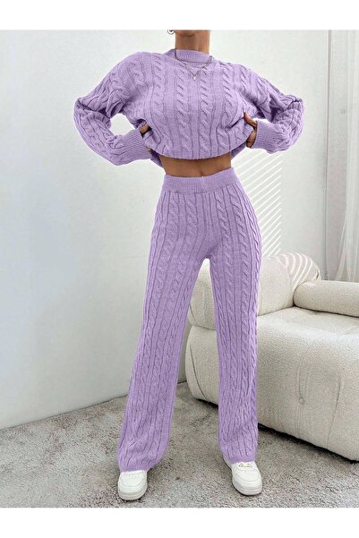 Miss Poem Women's Winter Long Basic Top and Bottom Lilac Knitwear Set