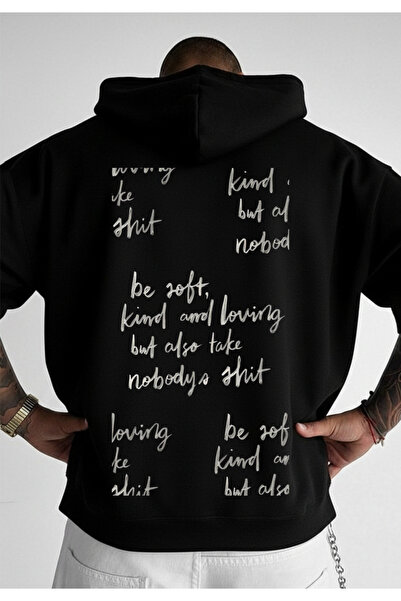 LORVEX Hanorac oversize cu glugă, 100% bumbac, cu imprimeu KİND YAZI
