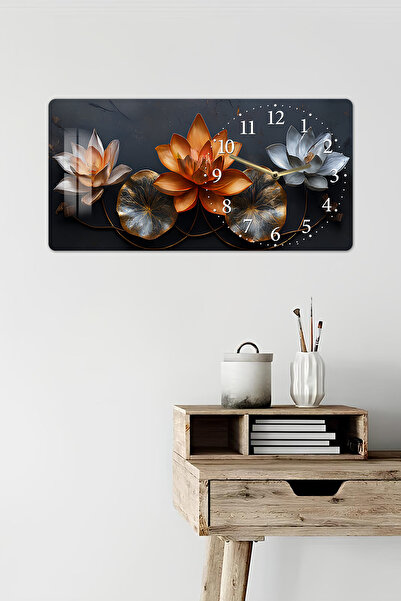 kutuTR 3D Görünümlü 2D UV Baskı Yatay Temperli Cam Saat Tablo 60x30Cm–Lotus Ç...