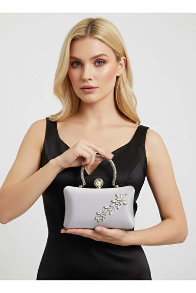 Biçanta Silver Grey Pearl and Crystal Embroidered Glitter Satin Evening Dress Bag Wedding Engagement Graduation