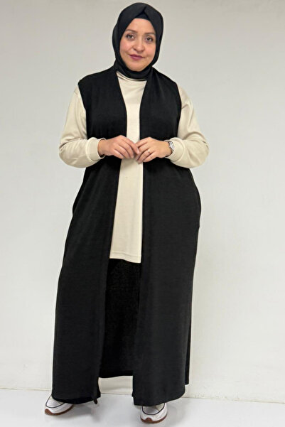 Eslina 54015 Plus Size Slit Pocket Long Mir Vest - Black