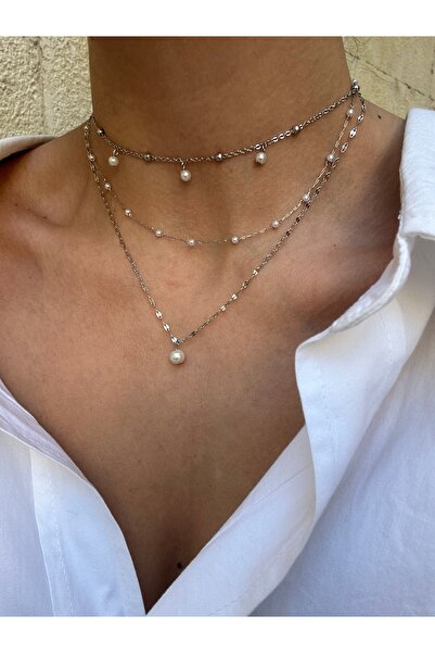 pop up store Pearl Detail Stainless Steel Triple Necklace Set