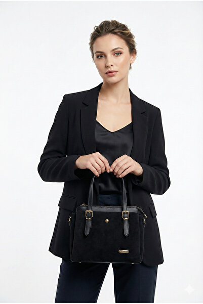 Sanmorris SARGIN Geantă de umăr și de mână pentru femei, cu curea lungă, din piele intoarsa neagră, cu 4 compartimente, cu accesorii aurii, simplă și elegantă