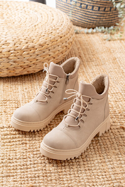 bashrol Kadın Fermuarlı Bağcıklı Postal Bot Kalın Taban Düz Bot