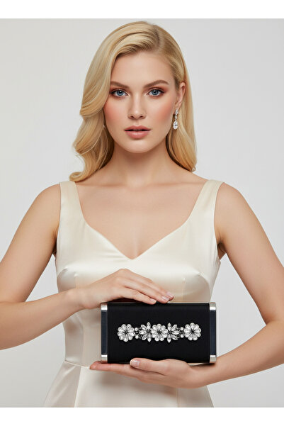 Biçanta Black Full Metal Frame and Crystal Embroidered Glitter Satin Evening ...