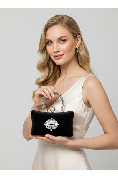 Biçanta Black Pearl and Crystal Embroidered Glitter Satin Evening Dress Bag W...