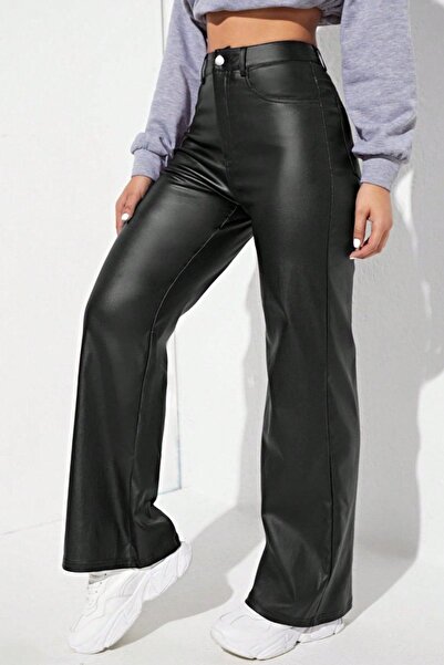 Ronasia Yüksek Bel Suni Deri fit Pantolon - Siyah