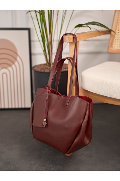 Rivina Vera Women's Magnet Closure Wallet Detailed Large Capacity Tote Hand and Shoulder Bag Burgundy