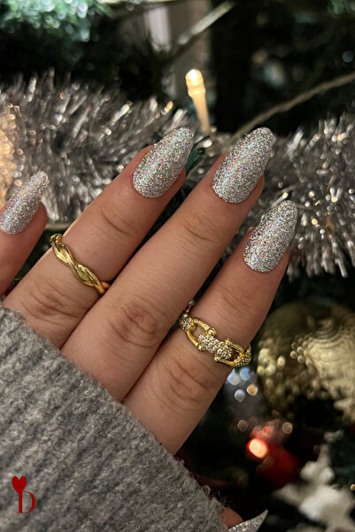 Dami Beauty 24'lü Simli Işıltılı Badem Takma Tırnak Seti + Yapıştırıcı Sticker Hediye