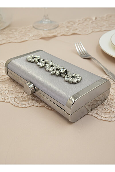 Biçanta Silver Gray Complete Metal Frame and Crystal Embroidered Glitter Satin Evening Dress Bag Wedding Engagement Graduation