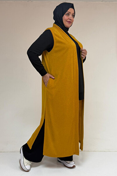 Eslina 54015 Plus Size Slit Pockets Long Mir Vest - Mustard