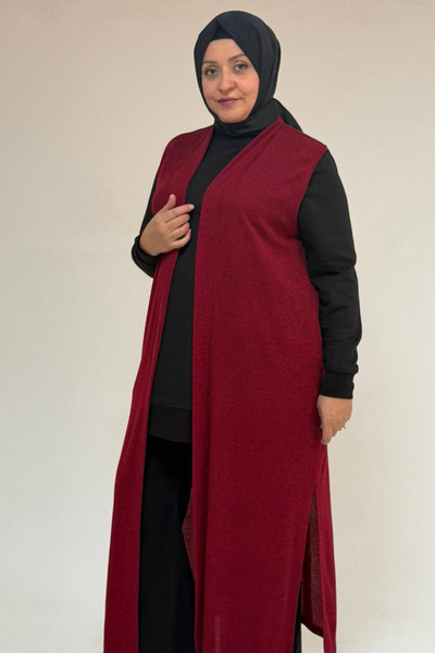 Eslina 54015 Large Size Slit Pocket Long Mir Vest - Claret Red