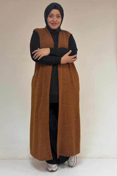 Eslina 54015 Large Size Slit Pockets Long Mir Vest - Tan
