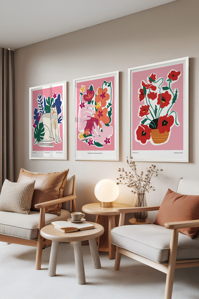 Zestia Λευκό Πλαίσιο με Σετ 3 Πινάκων, Ροζ Μοντέρνο Λουλούδι & Εικονογράφηση ...