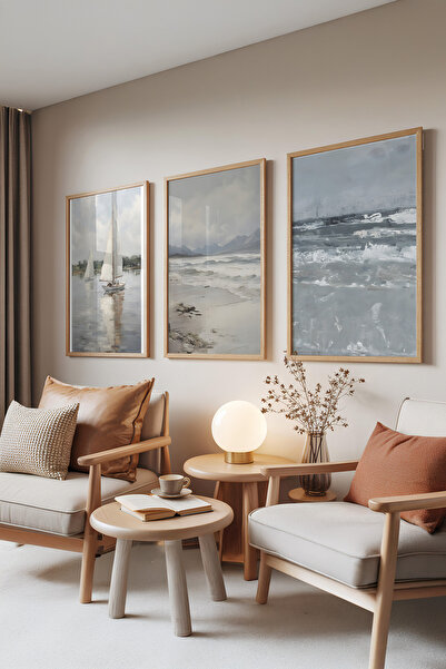 Zestia Set de 3 tablouri cu rame din lemn, peisaj marin – tonuri delicate, se...