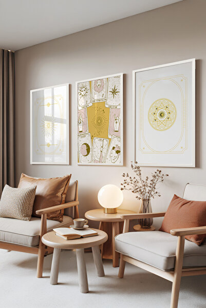 Zestia Set de 3 tablouri cu ramă albă, Ilustrații Tarot – Galben moale, Set p...