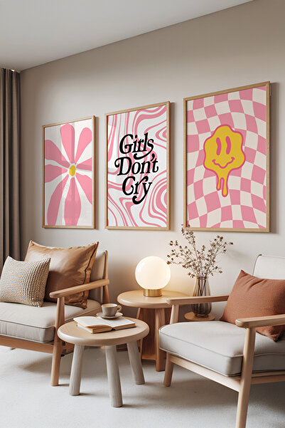 Zestia Ahşap Çerçeveli 3’lü Tablo Seti, Pembe Enerji – Modern Pop Art, Genç O...