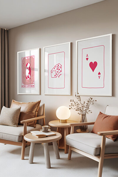 Zestia Set de 3 tablouri cu ramă albă, Love Line Art – Roz delicat, Set pentr...