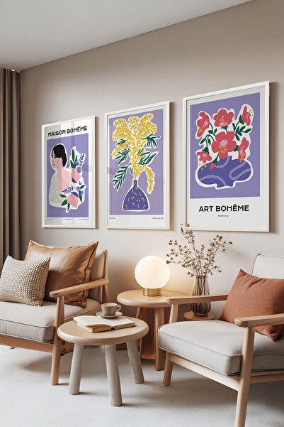 Zestia Set de 3 tablouri cu ramă albă, design floral și portret în stil boem ...