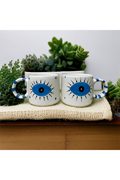 ADEN LİNA ART WORKSHOP Eye Patterned 2-Piece Completely Handmade Ceramic Mug