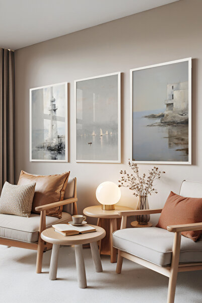 Zestia Λευκό Πλαισιωμένο Σετ 3 Πινάκων, Φάρος – Απαλό Τοπίο, Σετ Σαλονιού Αρ....