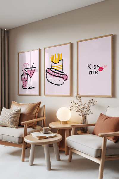 Zestia Set de pictură din 3 piese cu ramă din lemn, desene distractive – tonu...