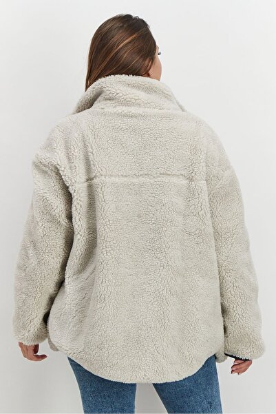 Tchibo Women Mock Neck Full Zip Plush Jacket, Light Grey