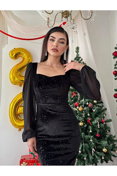 Afiş Butik Black Women's Shiny Midi Velvet Dress with Transparent Sleeves