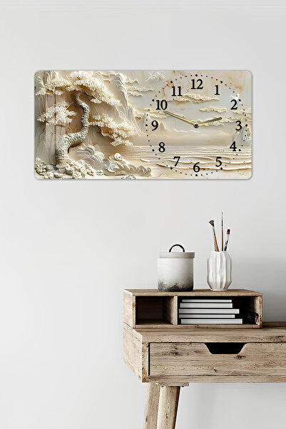 kutuTR 3D Görünümlü 2D UV Baskı Yatay Temperli Cam Saat Tablo – Bej Manzara ve Ağaç Motifi –60x30 cm-YSG032