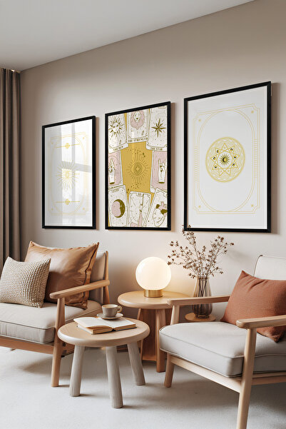 Zestia Set de 3 tablouri cu ramă neagră, Ilustrații Tarot – Galben moale, Set...