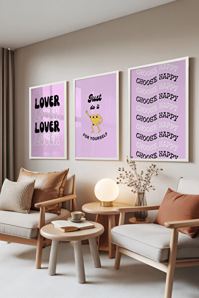 Zestia Set de 3 tablouri cu ramă albă, Happy Vibes – Tipografie roz, Set pent...