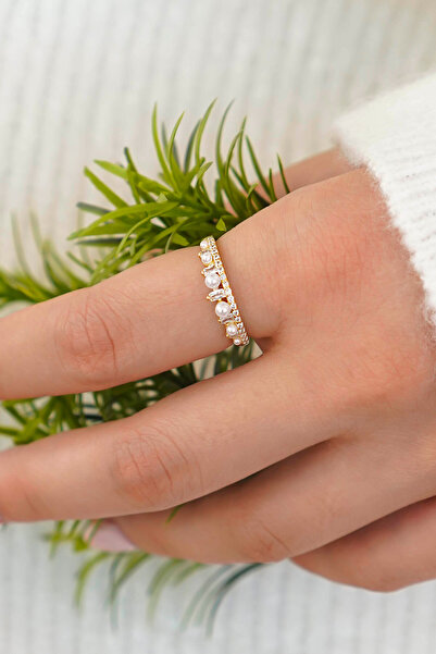 TREND COLLECTİON Gold İnci ve Zirkon Taşlı Zarif Şerit Tasarım Kadın Yüzük