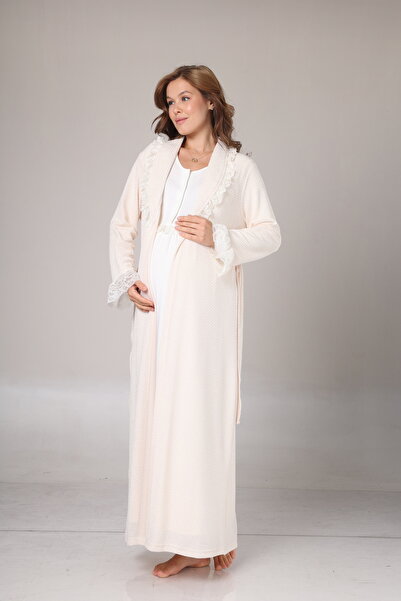 Rimel Homewear Cream Ruffle Collar Winter Dressing Gown Maternity Nightgown Set