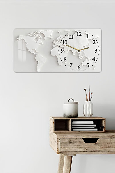 kutuTR 3D Görünümlü 2D UV Baskı Yatay Temperli Cam Saat Tablo – Dünya Haritası Teması – 60x30 cm-YSG030