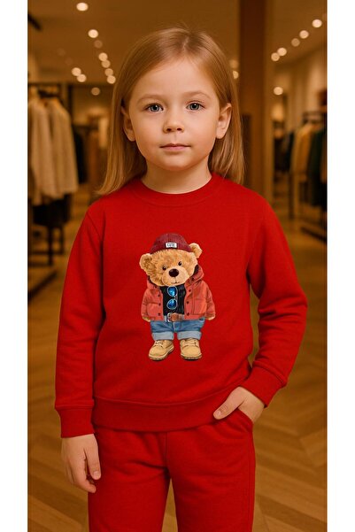 playwear ÇocukTakım Sweatshirt MONTLU AYI Baskılı Kız Erkek Çocuk Bisiklet Ya...
