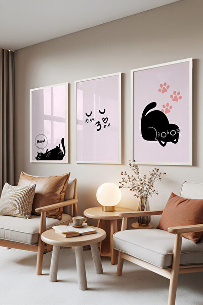 Zestia Beyaz Çerçeveli 3’lü Tablo Seti, Sevimli Kedi Çizimi – Pembe Tonlar, G...